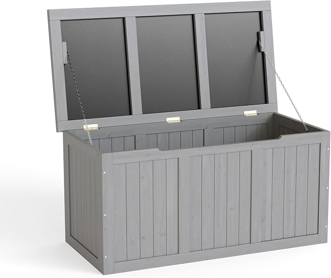 CIATRE 67-Gallon Outdoor Wooden Deck Box – Solid Wood Storage Bench with Seat & Table Top, Weather-Resistant Patio Cushion & Pool Toy Organizer -Grey