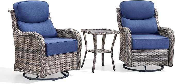 Luxury Outdoor Swivel Rocker Patio Chairs-3 Piece Wicker Patio Rocking Chairs Set of 2 with Glass Side Table 6" Thick Cushions High Back Outdoor Furniture Sets for Deck Porch Balcony(Grey/Blue)