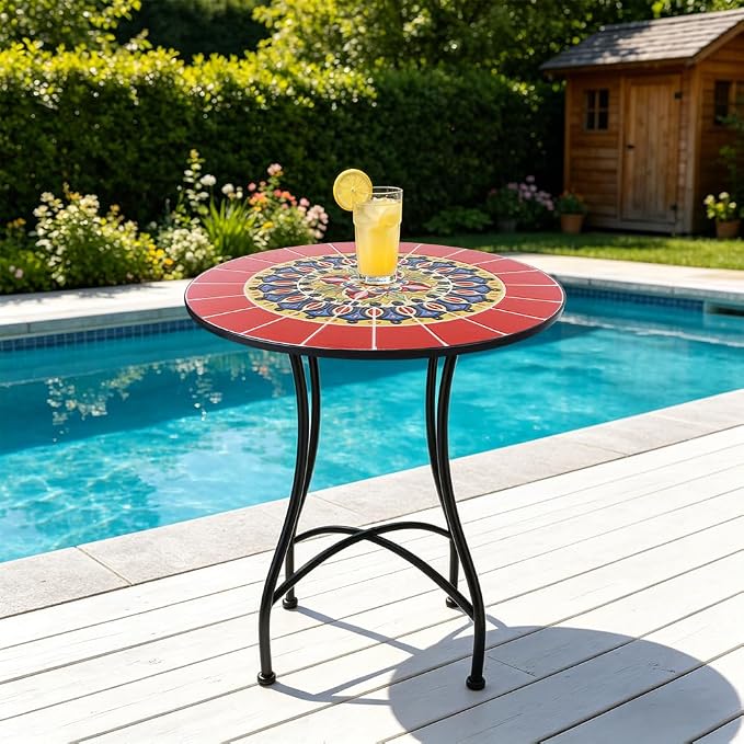 23.6" Outdoor Patio Mosaic Round Table Garden Bistro Accent Table | Ceramic Tile Waterptoof Side End Table Metal Frame Dining Table Furniture for Balcony Backyard Porch Poolside Terrace