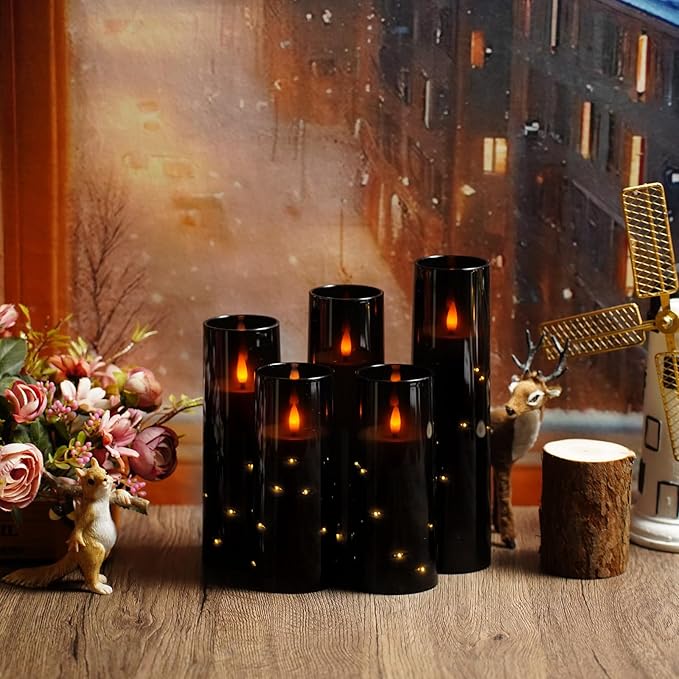 kakoya Flameless LED Candles with Timer 5 Pc Flickering Flameless Candles for Romantic Ambiance and Home Decoration Stable Acrylic Shell,with Embedded Star String,Battery Operated Candles(Black)