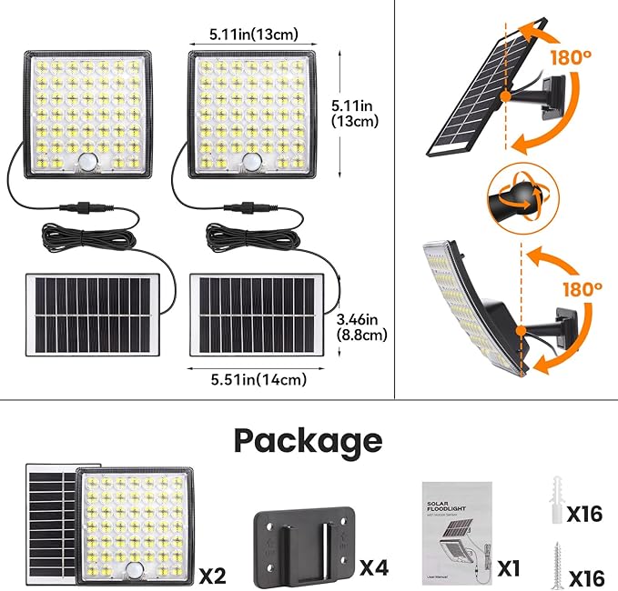 Solar Lights Outdoor Waterproof, Motion Sensor Outdoor Lights, 3 Modes 184 LED 150% Bright Upgraded Convex Lens 16.4 Ft Cord, Dusk to Dawn Solar Flood Light for Porch, Patio, Yard, Garage