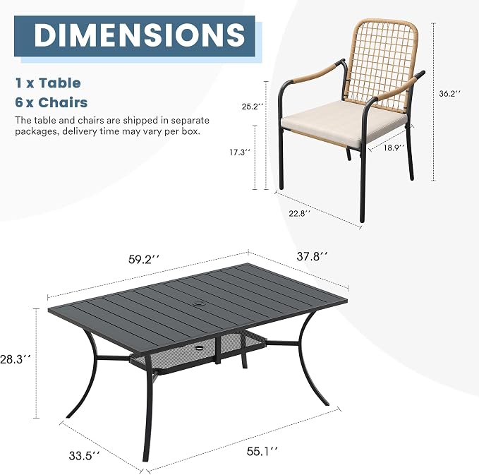 DIFY 7 Pieces Outdoor Dining Set, Metal Patio Table and Chairs Set for 6, 59.2" Rectangle Dining Table with Umbrella Hole & Wicker Stackable Patio Chairs with Cushions, Black Tabletop