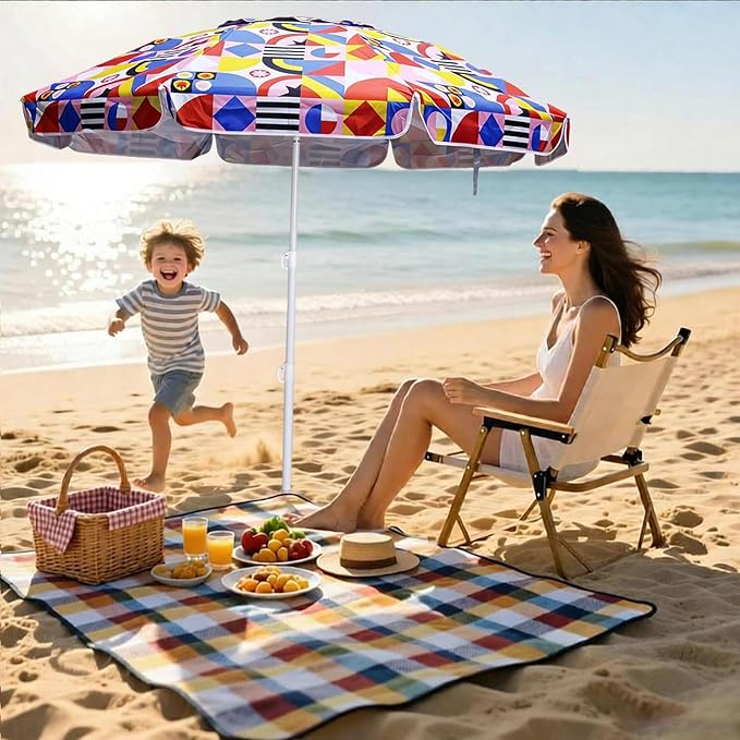 LOTTAFUN 6ft Beach Umbrella - Heavy Duty Wind Resistant UV 50+ Portable Sun Shade with Sand Anchor & Carry Bag, Outdoor Folding Umbrella for Beach, Pool, Patio, Garden (Print Flower) No tilt The sand needs to exceed the spiral 6inch