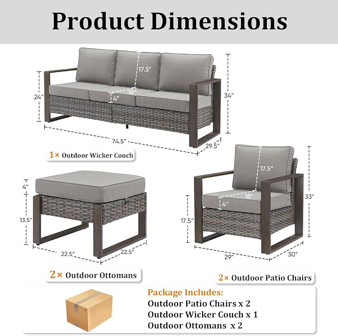 5-Piece Outdoor Patio Furniture Set with Rattan Chairs, All-Weather Wicker Sofa Set for Garden, Yard, Porch and Poolside Seating, Grey/Grey