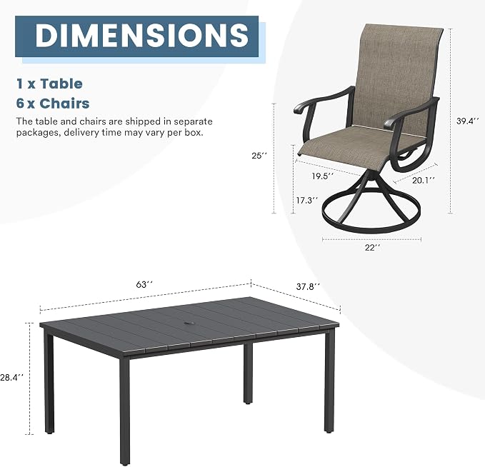 DIFY Outdoor Dining Set for 6, 7 Piece Patio Table and Chairs Set, Swivel Patio Chairs with Brown Textilene & 63" Black Rectangle Metal Dining Table with Umbrella Hole, for Garden Backyard Deck