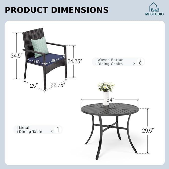 MFSTUDIO 7 Pieces Outdoor Dining Sets, Patio Table and Chairs for 6, Outdoor Metal Table with Chairs, Wicker Patio Round Dining Furniture