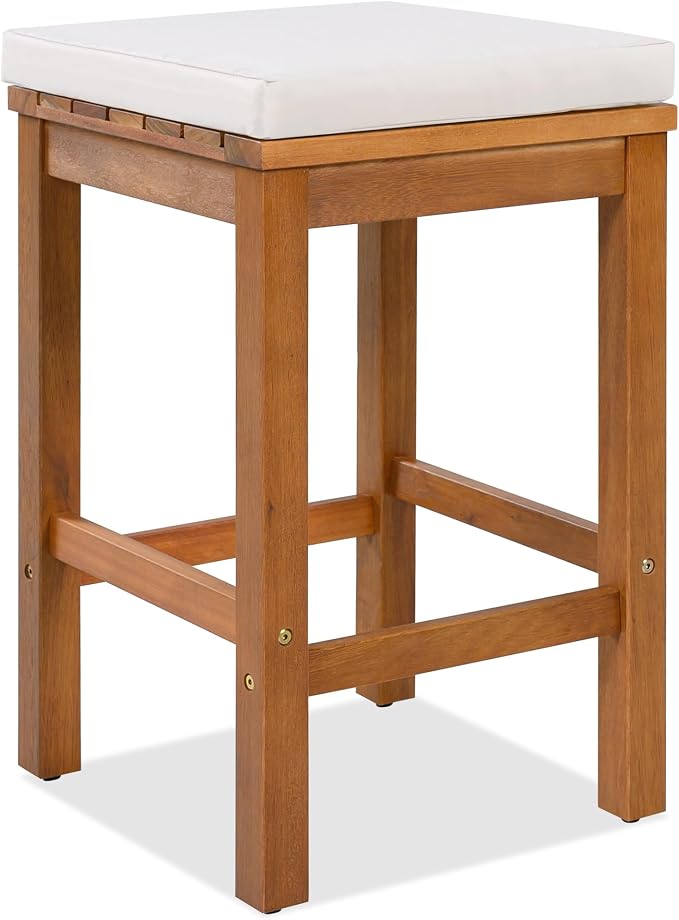 5 Piece Outdoor Bar Set, Patio Acacia Wood Bar Height Table & Four Stools with Cushions for Backyard, Poolside, Balcony (Beige+Natural)