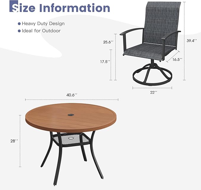 VICLLAX Outdoor Table and Chairs Set for 4, Patio Dining Set of 40.7" Metal Round Patio Table with Umbrella Hole & 4 Swivel Outdoor Dining Chairs for Backyard Lawn, Charcoal & Walnut