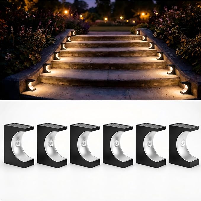 Upgraded Wireless Solar Step Lights. 5X Longer Life Than Ordinary. Strong 3M Adhesive + Screws. IP65 Waterproof for Stairs/Decks/patios. Reliable Performance (Warm Light 6Pack)