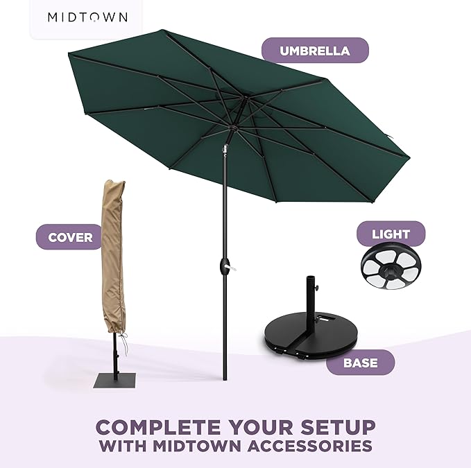 Midtown Umbrellas - 10-Year-No-Fade 9 Ft Patio Umbrella with Terylast Fabric, Auto-Tilt Aluminum Frame and 8 Reinforced Ribs for Deck, Pool, Garden & Beach - Forest Green Canopy, Black Pole