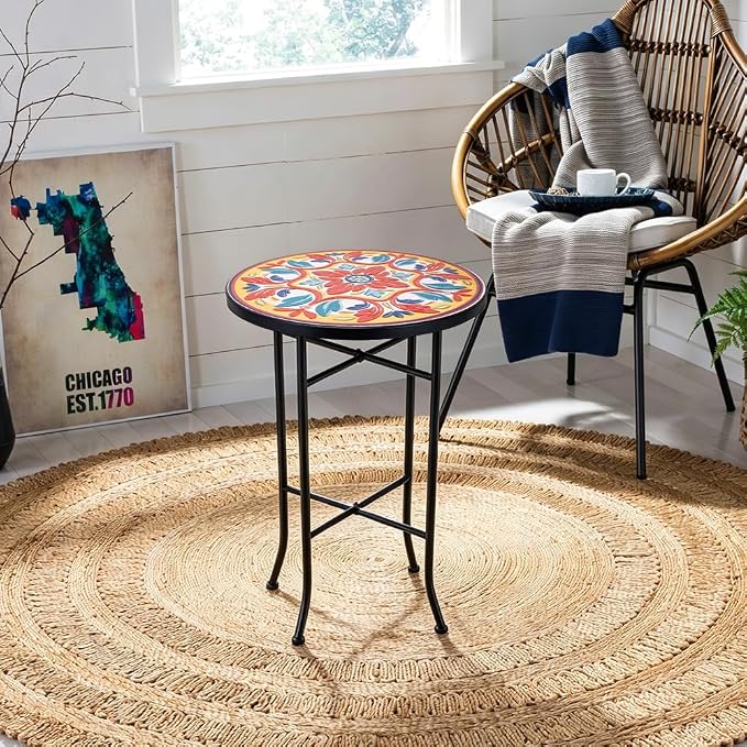 14 Inch Mosaic Patio Side Table with X-Straight Legs, Indoor Outdoor Accent Round End Table with Ceramic Tile Tops for Yard, Garden, Living Room, Bistro, A - Med. Floral Pattern