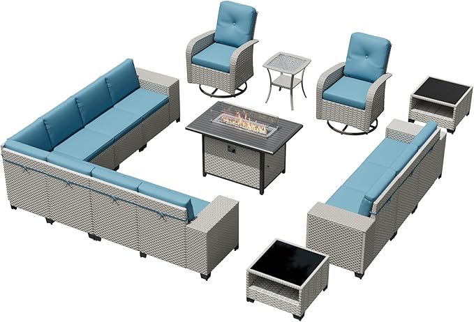 16-Piece Outdoor Patio Furniture Set, Modular Sectional Sofa Set with Swivel Rocker Chairs & Fire Pit, Wicker Outdoor Couch Conversation Sets w/Coffee Table and Cushions, Turquoise