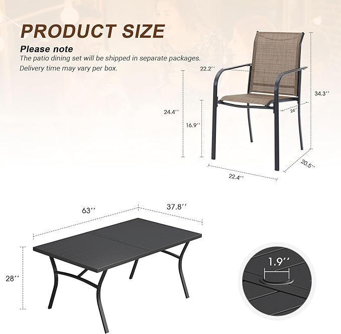 VICLLAX 7 Pieces Patio Outdoor Dining Set, 63" Outdoor Rectangular Metal Dining Table with Umbrella Hole and 6 Stackable Textilene Chairs for Lawn, Garden, Porch, Black/Brown