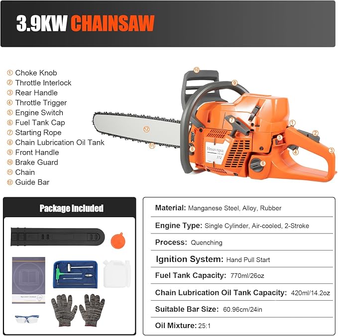 24 Inch Gas Chainsaw, 71.8CC 2-Stroke 3900W Handheld Cordless Gasoline Chainsaw, 2800RPM Single Cylinder Air-Cooled Gas-Powered Chain Saw for Wood Cutting Tree Trimming