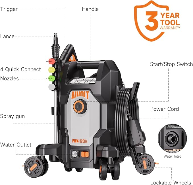 AIVOLT Pressure Washer 2026 NEW with Anti-Tipping 4-Wheel Design, 4 Nozzles and Foam Cannon, Power Cleaner for Car, House, Patio, Driveway