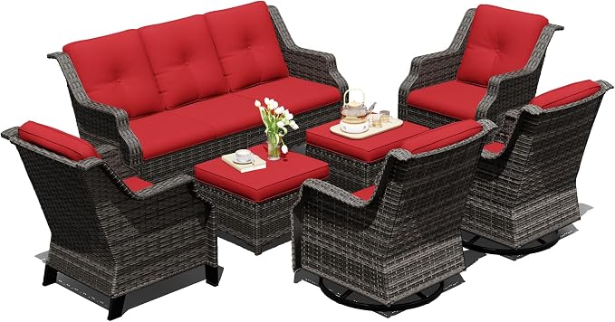 Outdoor Patio Furniture Set, 7 Piece Wicker Patio Furniture with Thick Cushions, Curved Armrest, Deep Seating, Outdoor Swivel Rocker Chairs for Porch, Deck, Balcony