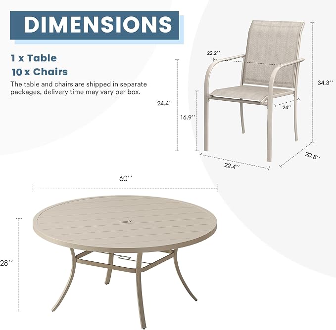 DIFY 11 Pieces Outdoor Patio Dining Set for 10, 60" Round Metal Dining Table and 10 Stackable Textilene Patio Chairs, Outdoor Table and Chairs for Backyard Garden Poolside, Sandshell