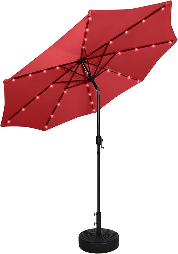 WO Home Furniture 9 Ft Patio Solar Power LED Lights Market Umbrella with Black Color Round Free Standing Weight Base kit Red