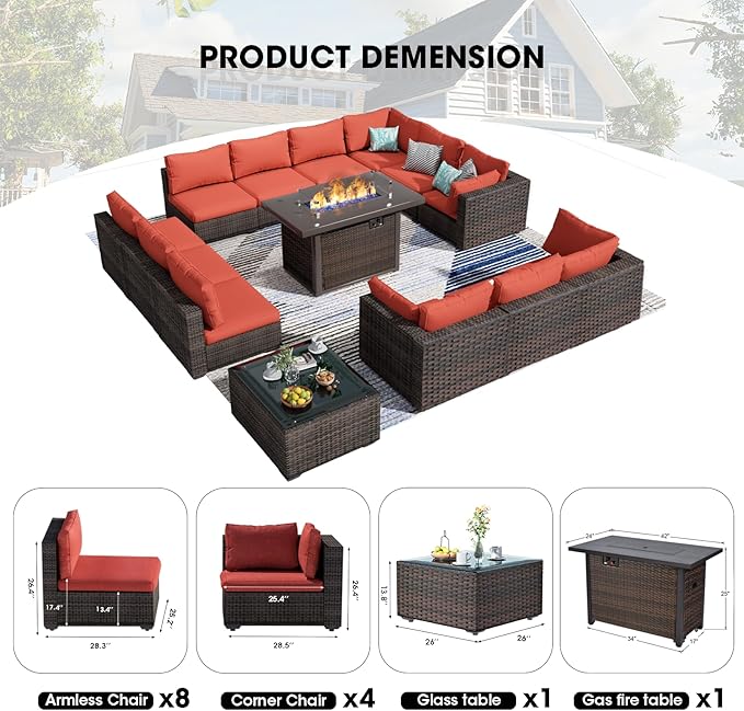 14 Piece Patio Furniture Set with Fire Pit Table, Outdoor Sectional Sofa PE Rattan, Patio Conversation Sets with Cushions for Garden Lawn Balcony Porch Deck Red