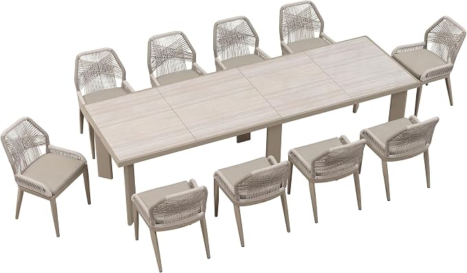 PURPLE LEAF 11 Pieces Patio Dining Set Aluminum Oversize Rectangular Table and Wicker Chairs with Cushions for Kitchen Porch Garden Modern Outdoor Furniture Sets, Champagne