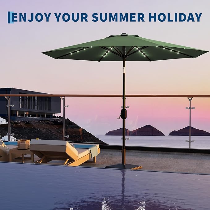 9FT Outdoor Patio Umbrella, 8 Ribs Market Table Umbrella with Solar Light & Tilt & Crank, UV-Resistant Waterproof for Pool, Deck, Backyard, Dark Green