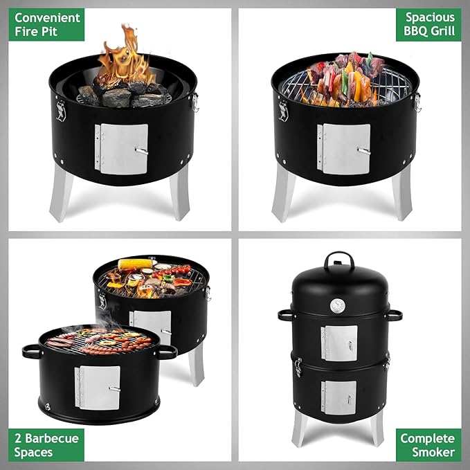 32" Vertical Steel Charcoal Smoker Grill,Heavy Duty BBQ Grills,Outdoor Camping Backyard Barbecue Grill,Metal Barbecue Smokers,with Thermometer,for Patio Garden Beach Porch Lawn Yard (Black)