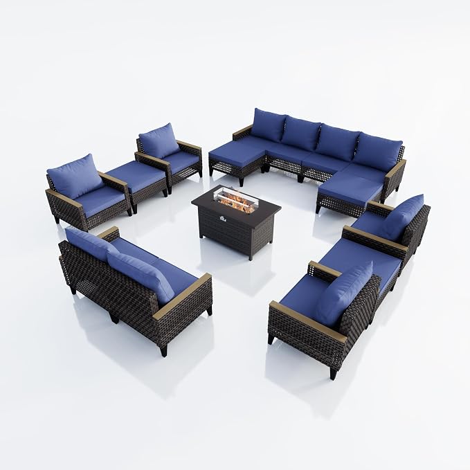 15-Piece Outdoor Patio Furniture Set, Wicker Rattan Conversation Set with Fire Pit Table and Foot Rest, Sectional Modular Sofa Couches Chairs Ottomans for Deck, Balcony, Backyard, Yard (Blue Cushions)