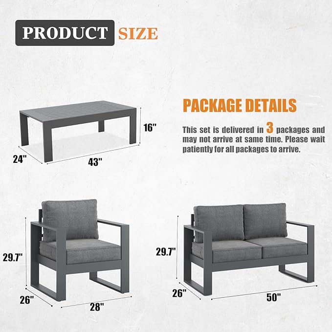 Outdoor Aluminum Furniture Set - 4 Pieces Modern Patio Conversation Sets Metal Sectional Sofa with Coffee Table