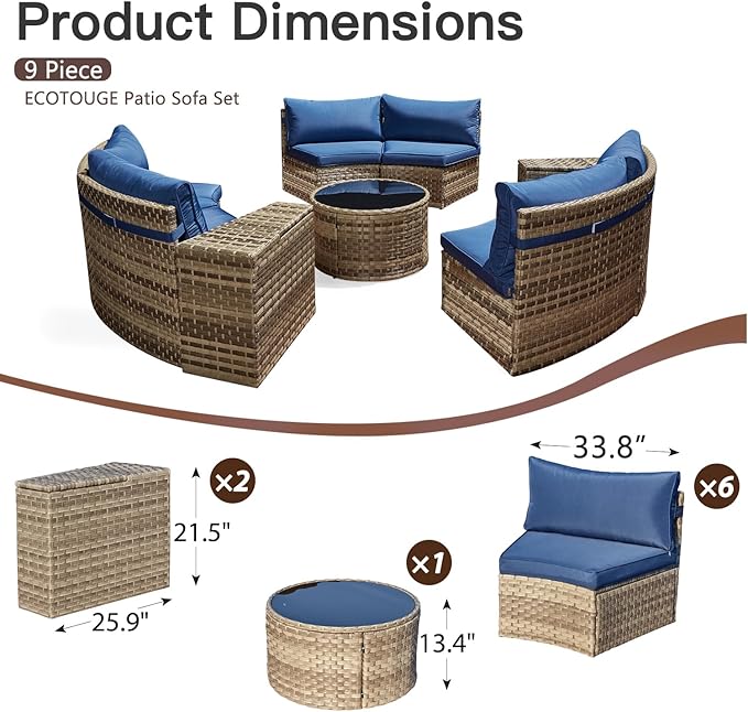 ECOTOUGE Large Half-Moon Outdoor Patio Furniture Set, 9 Piece Wicker Rattan Patio Sectional Furniture Sofa Set Conversation Set for Pool Backyard Balcony Garden(Blue)