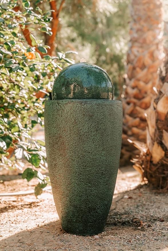 Xbrand Modern Stone Textured Round Sphere Water Fountain w/LED Lights Indoor/Outdoor Décor,Green