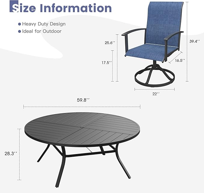VICLLAX Outdoor Table and Chairs Set for 8, Patio Dining Set of 60" Metal Round Patio Table with Umbrella Hole & 9 Swivel Outdoor Dining Chairs for Backyard Lawn, Dark Blue & Black