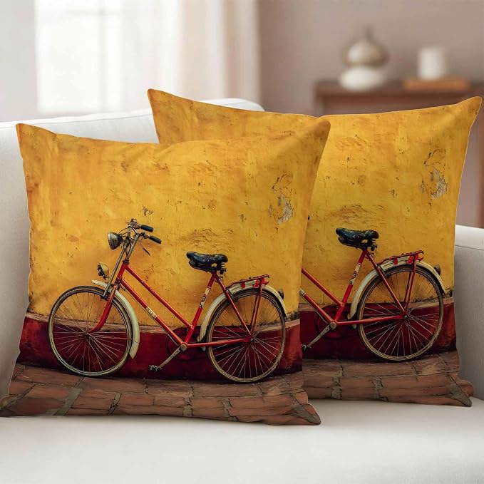 Bicycles Outdoor Pillow Covers 26x26 Inch Throw Pillow Covers Set of 2 Waterproof Decorative Pillow Cases Farmhouse Vintage Vehicle Yellow Broken Walls Cushion Covers for Patio Furniture Garden Couch