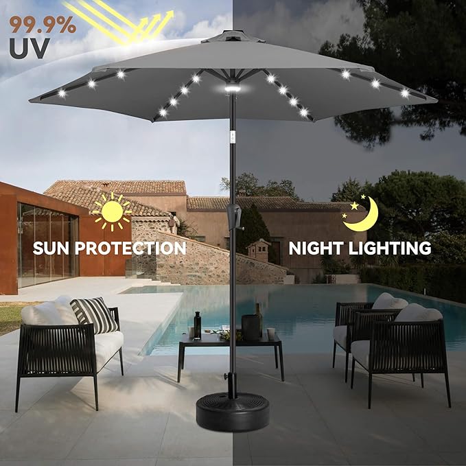 10FT Solar Patio Umbrella - Outdoor Umbrella with Centre Surround Light 24 LED Lights, Market Table Umbrella with Tilt for Pool, Porch, Garden, Deck, Backyard UV Protection (Anthracite)