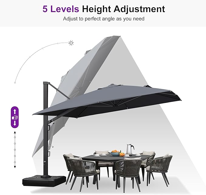PURPLE LEAF 11 FT Square Patio Cantilever Umbrella with Wheeled Base Included Large Outdoor Offset Umbrella with 360-degree Rotation for Garden Deck Backyard Pool Grey