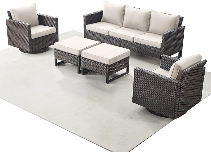 Rilyson Wicker Outdoor Patio Furniture Set - 5 Piece Patio Conversation Set with 2 Swivel Rocker Chairs,2 Rattan Ottoman and 1 Couch for Outside Porch Deck Backyard Garden(Brown/Beige)