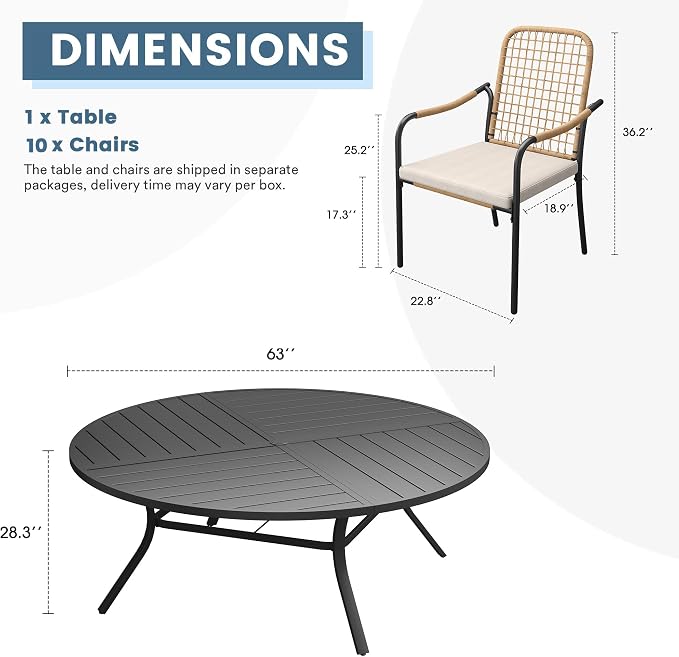 DIFY 11 Pieces Outdoor Dining Set, Metal Patio Table and Chairs Set for 10, 63" Round Dining Table with Umbrella Hole & Wicker Stackable Patio Chairs with Cushions, Black Tabletop