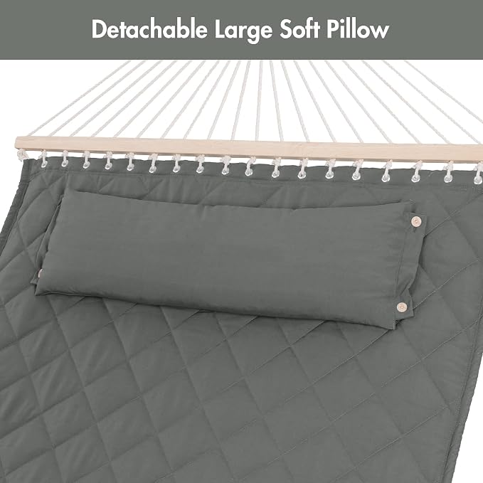 ANOW 2 Person Hammock with Spreader Bars and Detachable Pillow, Quilted Hammock for Outdoors Indoors, 450 LBS Weight Capacity, Gray