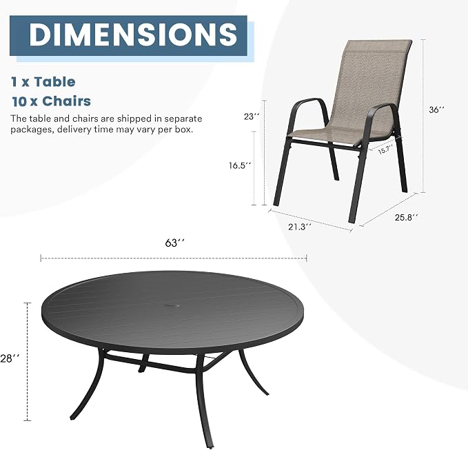 DIFY 11 Piece Outdoor Dining Set, 63" Black Round Metal Patio Table and Brown Textilene Stackable Chairs for 10, All Weather Patio Furniture Set with Umbrella Hole for Backyard Garden Deck