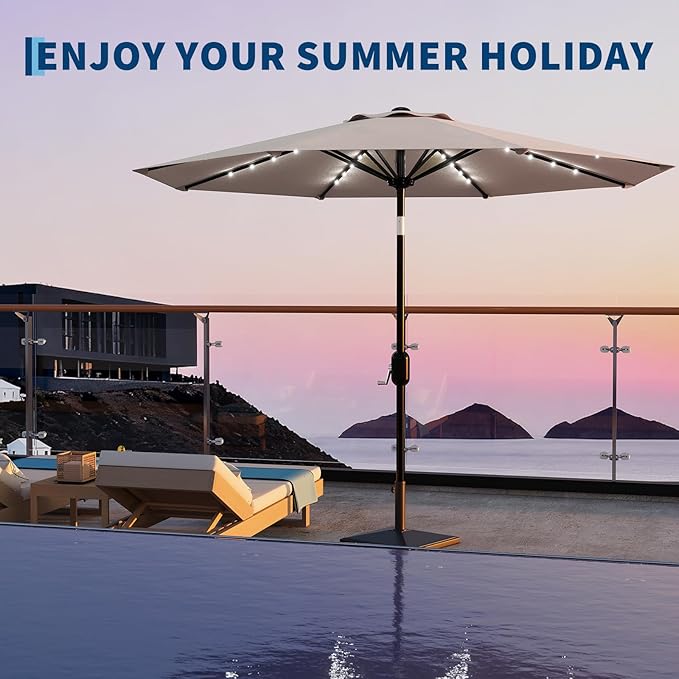 Garvee 9/10 FT Solar Patio Umbrella with 32 LED Lights - Outdoor Table Umbrella with Crank Lift, Push Button Tilt and 8 Sturdy Ribs - Market Umbrella UV Protection for Pool, Deck, Yard, Garden
