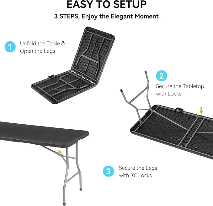 80 Pack of 6 Foot Foldable Table with Built in Handle & Steel Legs ,Heavy Duty Portable ,Perfect for Party, Dining, Wedding, Events, Picnic Indoor, Outdoor, Camping, Utility, Folding(Black-80pac)