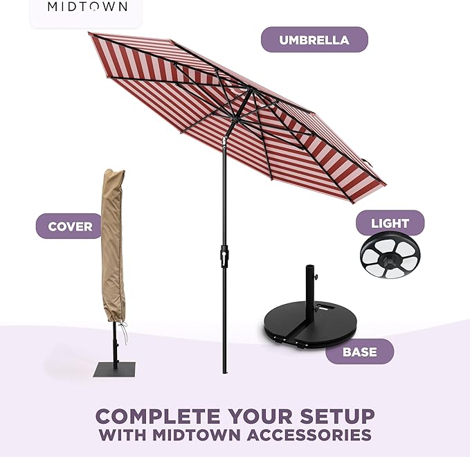 Midtown Umbrellas – The Swilt 10 Ft Patio Umbrellas with 360° Swivel & Tilt Mechanism, 8 Fiberglass Ribs & Terylast Polyester Fabric for Backyard, Deck, Pool & Cafes - Apple Stripes Canopy, Black Pole