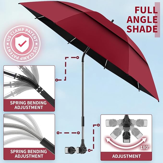 48.6" Double Canopy Beach Umbrella with Clamp, UPF50+ Beach Chair Umbrella with clip, 360°Adjustable Portable Outdoor Wheelchair, Patio, Golf Carts,Camping(Wine Red)