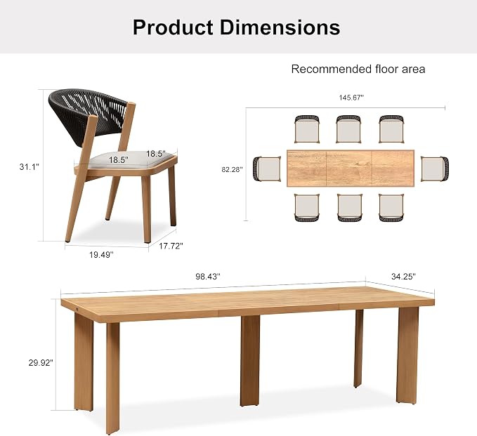 PURPLE LEAF 8-Piece Patio Dining Set Outdoor Furniture Rectangular Table and Chairs Set with Aluminum Frame and Teak-Finish for Garden Deck Backyard Kitchen Sunlit Teak Outdoor Set