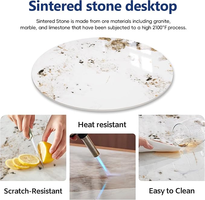 ZL ZELing Round Sintered Stone Table Top 39.3",Replacement Table Top for Indoor & Outdoor - Heat/Scratch Resistant Waterproof Ceramic DIY Desktop, Patio/Balcony/Bistro/Café & Dining Room (Brown)