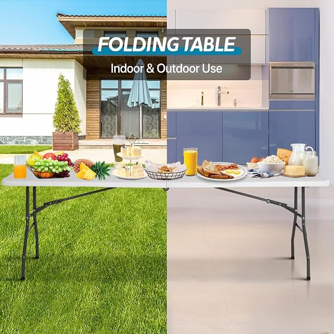 Dkeli 8 ft Folding Table | Portable Picnic Table | Folding Camping Table Heavy Duty for Outdoor Indoor Camping, Picnic and Party | Fold in Half with Handle and Sturdy Steel Frame - White