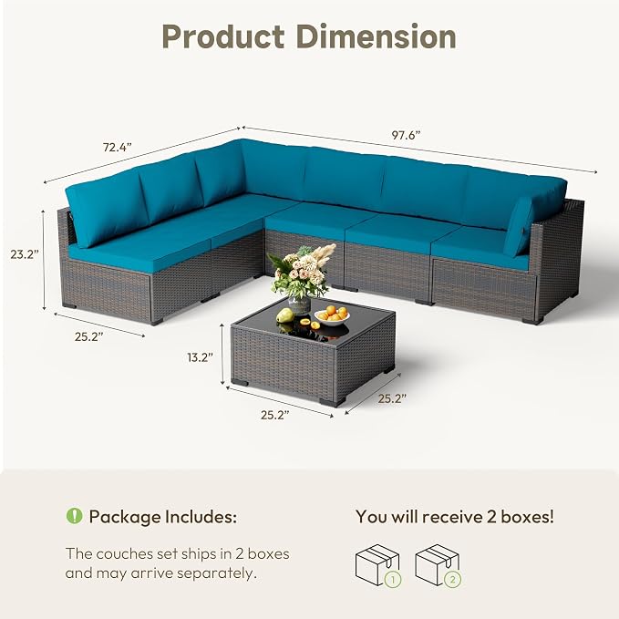 Patio Furniture Set - All-Weather - 7 Piece Patio Outdoor Conversation Set, Modular Wicker Rattan Sectional Sofa for Backyard, Garden, Poolside, Balcony, Porch, Patio, Brown/Peacock Blue