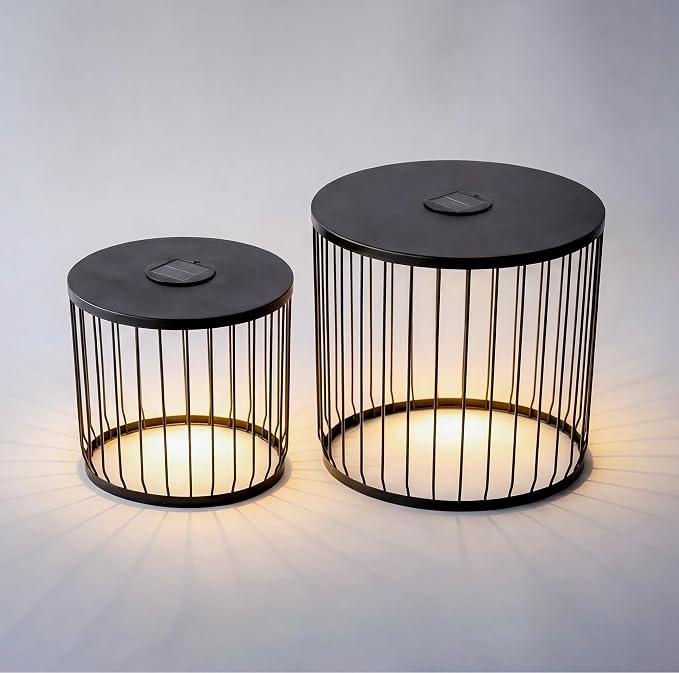 2-Pack 17.7 and 13.8 Inch Outdoor Side Tables, Solar Powered Side Tables with LED Lights, Round Metal Nesting Patio End Tables for Balcony Garden or Living Room, Black