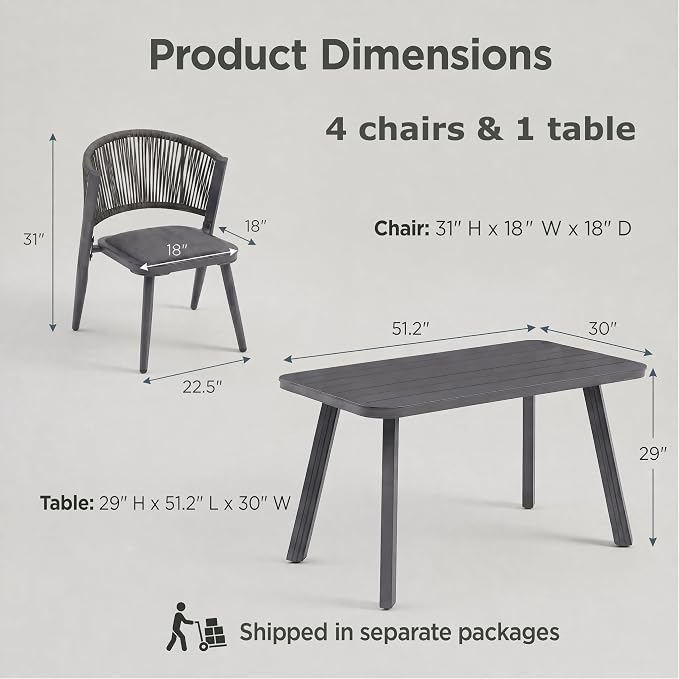 5-Pcs Aluminum Outdoor Dining Set, All-Weather Rattan Patio Furniture Set Include 51.2" Rectangular Table & 4 PE Wicker Chairs with Waterproof Cushions for Balcony Porch Garden or Backyard Deck (Grey)