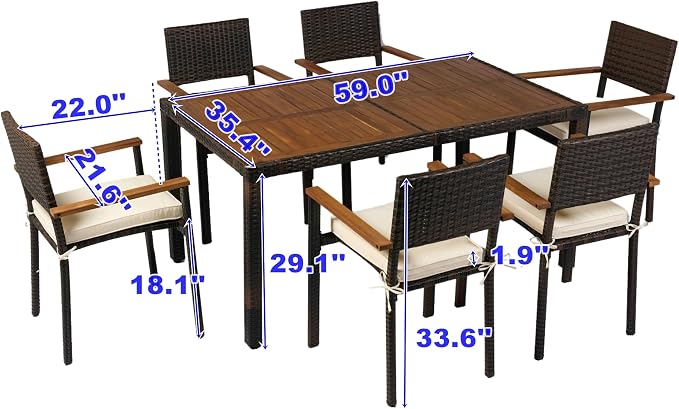 7 Piece Outdoor Patio Dining Set Wicker Furniture Set with Acacia Wood Top Brown Rattan and Cream Cushions 6 Seater Garden Dining Set for Backyard Deck