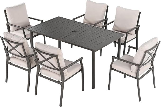 HAPPATIO Patio Dining Set, Metal Outdoor Table and Chairs Set for 6, Powder-Coated Metal Chairs with Thickened Cushions, 60" Rectangular Table with 1.5" Umbrella Hole for Deck Backyard Lawn